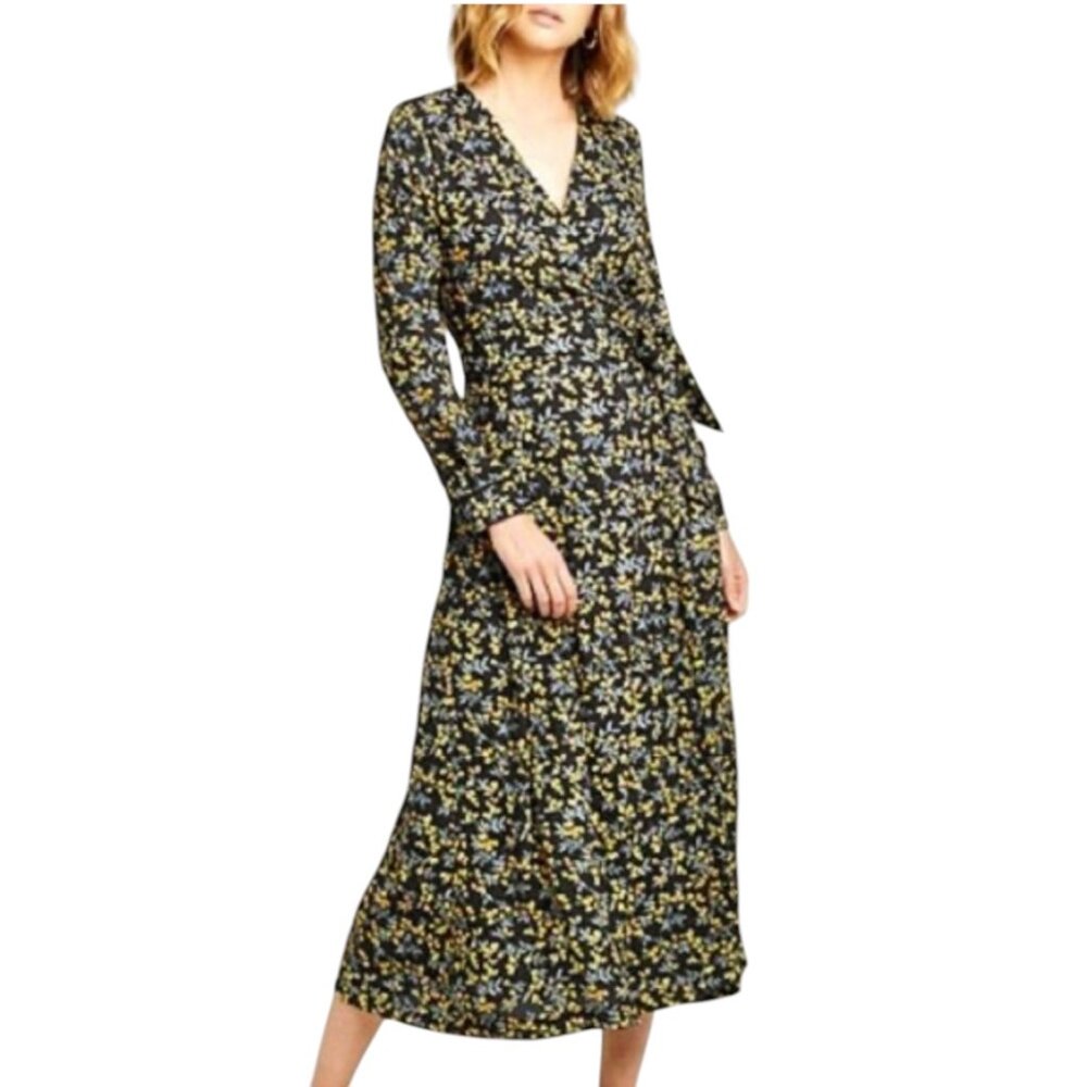 CAARA DARK FLORAL PRETTY WRAP DRESS ESSENTIAL URBAN CAREER LONG SLEEVE NWT L